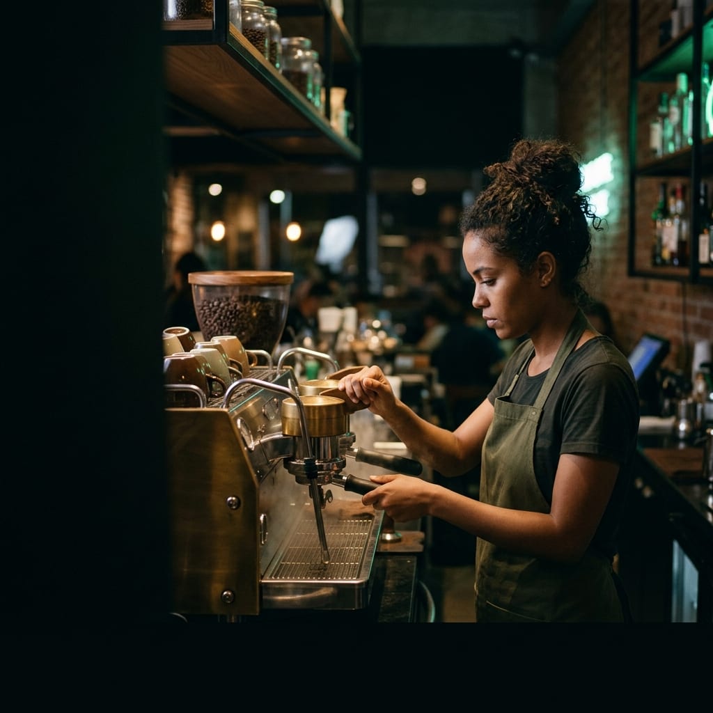 Barista preparando café no balcão da cafeteria